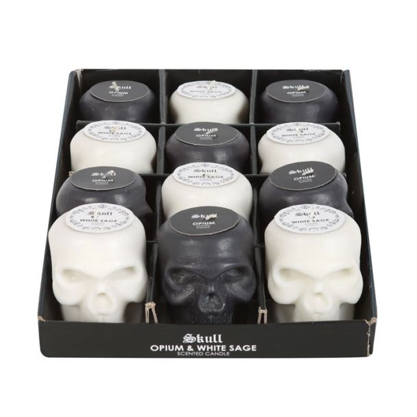 Set of 12 Opium & White Sage Skull Candles in Display
