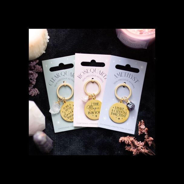 Set of 18 Gold Crystal Keyrings on Display