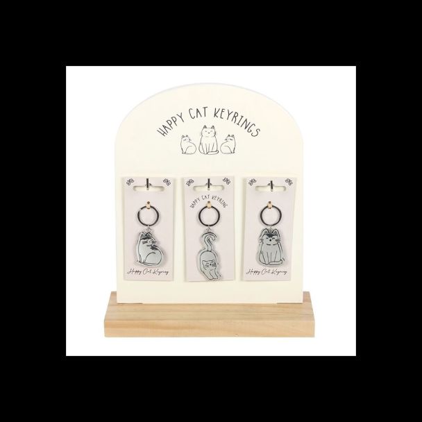 Set of 24 Happy Cat Keyrings on Display