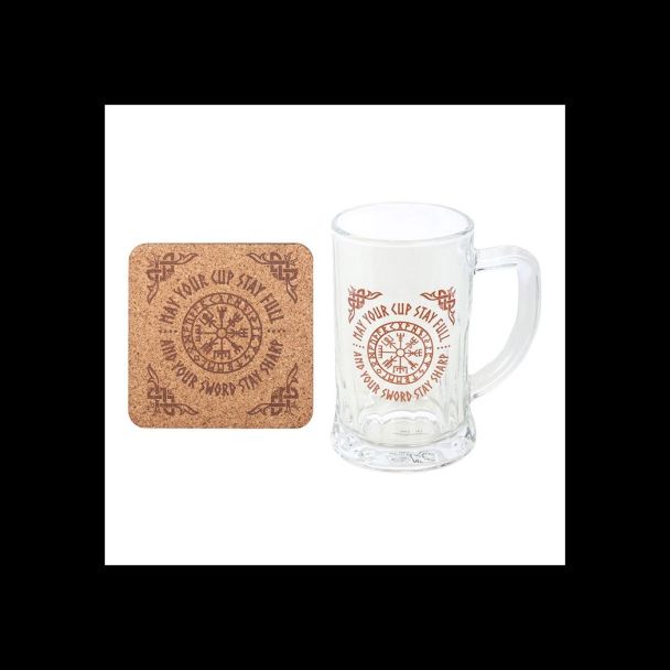 Viking Compass Glass Beer Tankard with Coaster