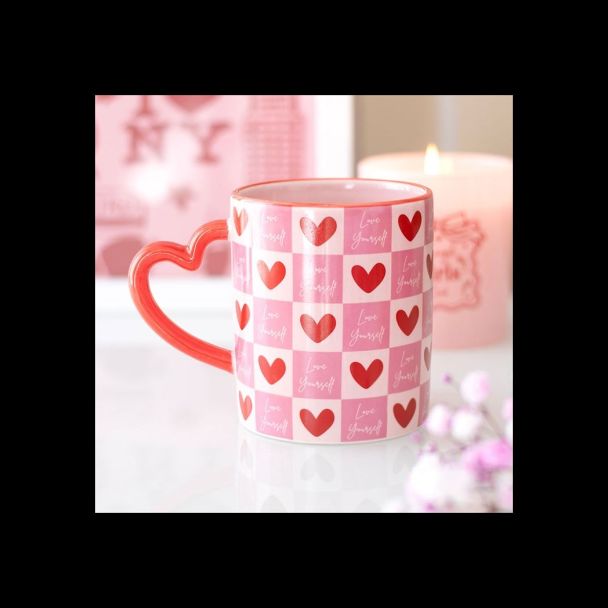 Love Yourself Checkered Mug with Heart Handle