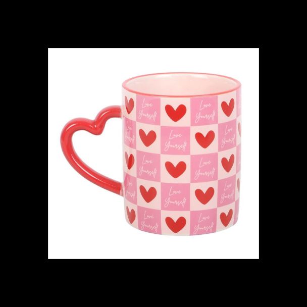 Love Yourself Checkered Mug with Heart Handle