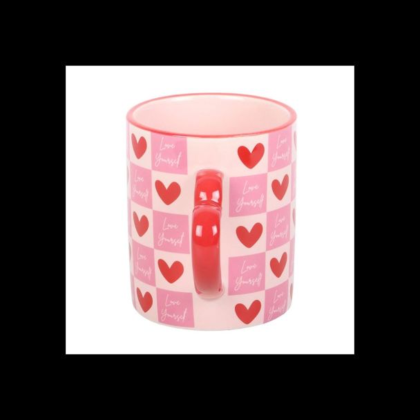 Love Yourself Checkered Mug with Heart Handle