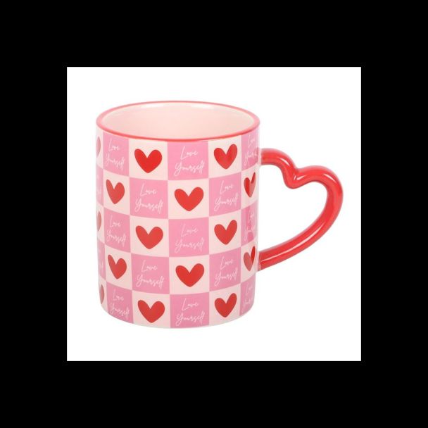 Love Yourself Checkered Mug with Heart Handle