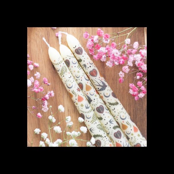 Set of 3 Cream Midnight Bloom Print Taper Candles