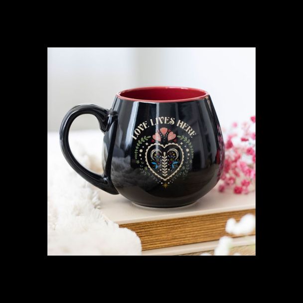 Love Lives Here Folk Heart Rounded Mug