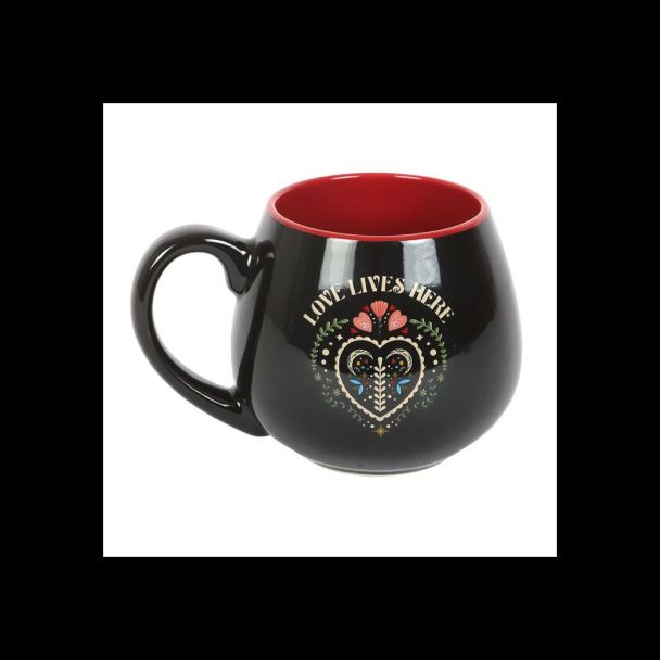 Love Lives Here Folk Heart Rounded Mug