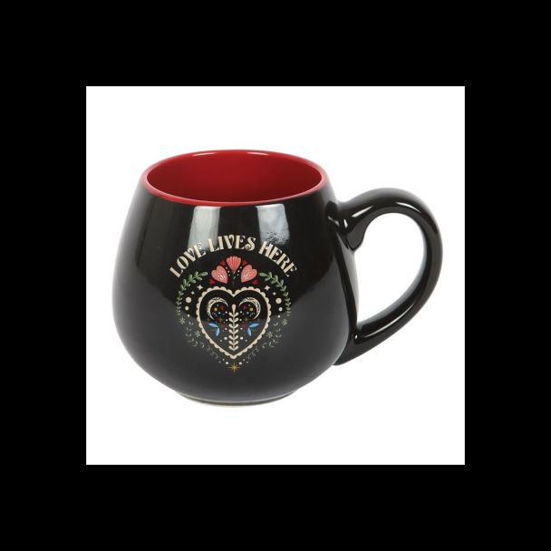 Love Lives Here Folk Heart Rounded Mug