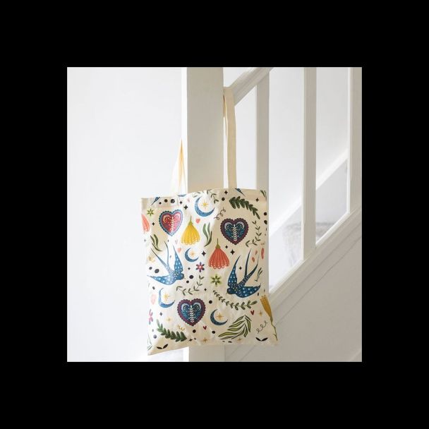 Cream Folk Print Polycotton Tote Bag
