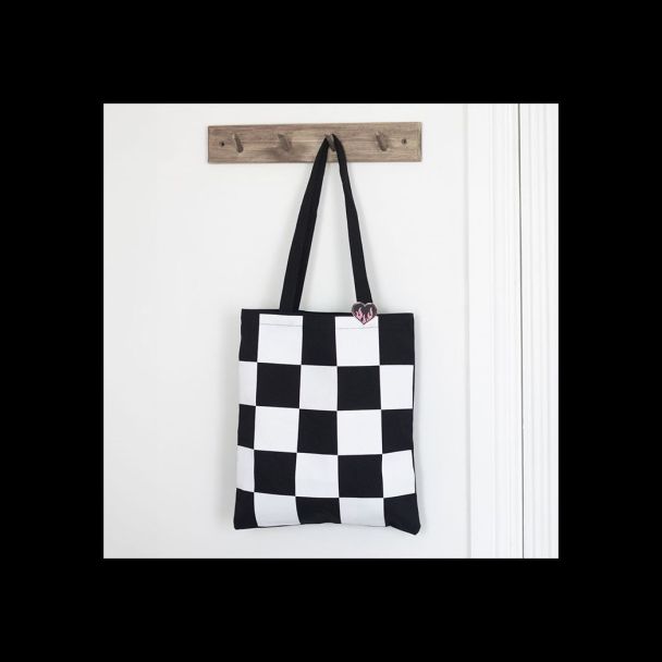 Checkerboard Print Polycotton Tote Bag with Enamel Heart Pin Badge