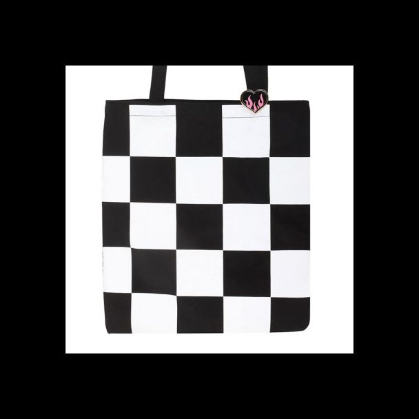 Checkerboard Print Polycotton Tote Bag with Enamel Heart Pin Badge