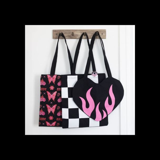 Checkerboard Print Polycotton Tote Bag with Enamel Heart Pin Badge