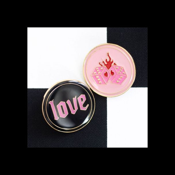 Flaming Dice and Love Pin Badge Set