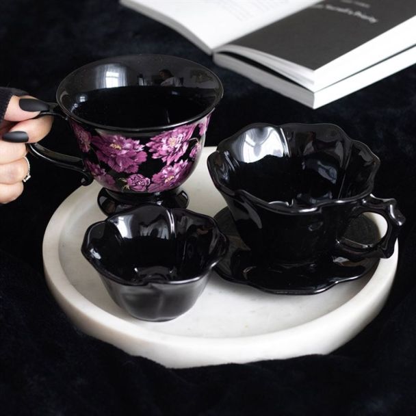 Black Rose Teacup and Saucer