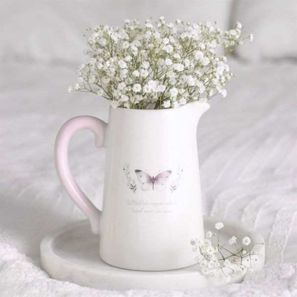 White Butterfly Print Ceramic Flower Jug