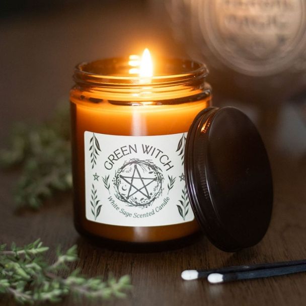 Green Witch White Sage Amber Glass Candle
