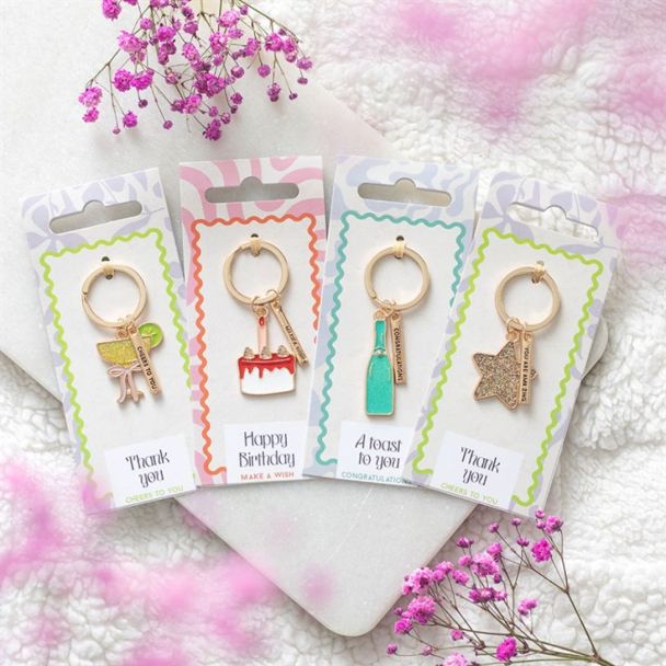 Set of 24 Celebration Keyrings on Display