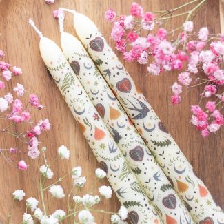 Set of 3 Cream Midnight Bloom Print Taper Candles